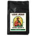 Saint Mark's Dark Roast coffee bag with saint artwork by Love Jesus Company