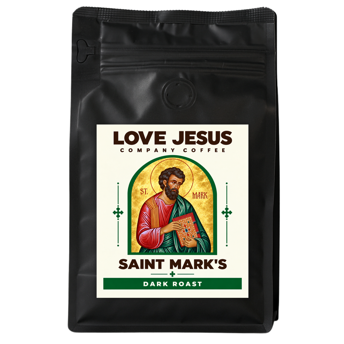 Saint Mark's Dark Roast coffee bag with saint artwork by Love Jesus Company