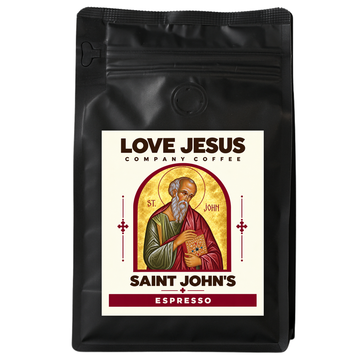 Love Jesus Company espresso coffee bag with Saint John's label