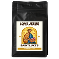 Saint Luke's Light Roast coffee bag with saint artwork by Love Jesus Company