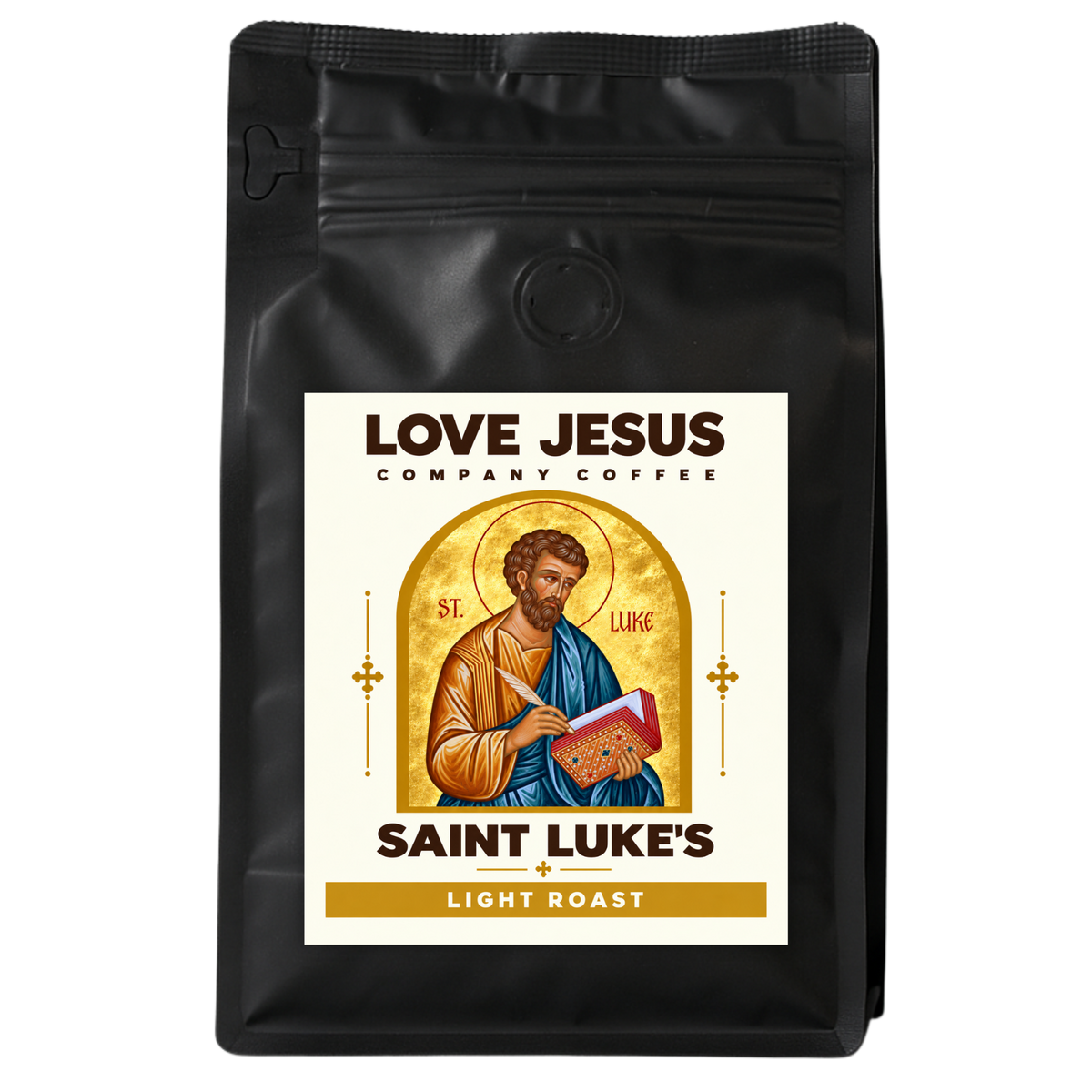 Saint Luke's Light Roast coffee bag with saint artwork by Love Jesus Company