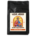 Saint Matthew's Medium Roast coffee bag with saint artwork by Love Jesus Company