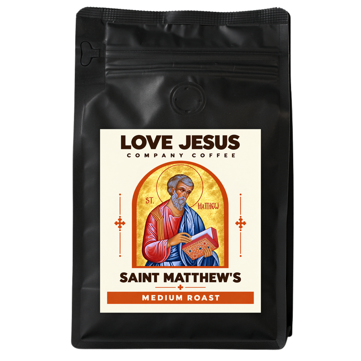 Saint Matthew's Medium Roast coffee bag with saint artwork by Love Jesus Company