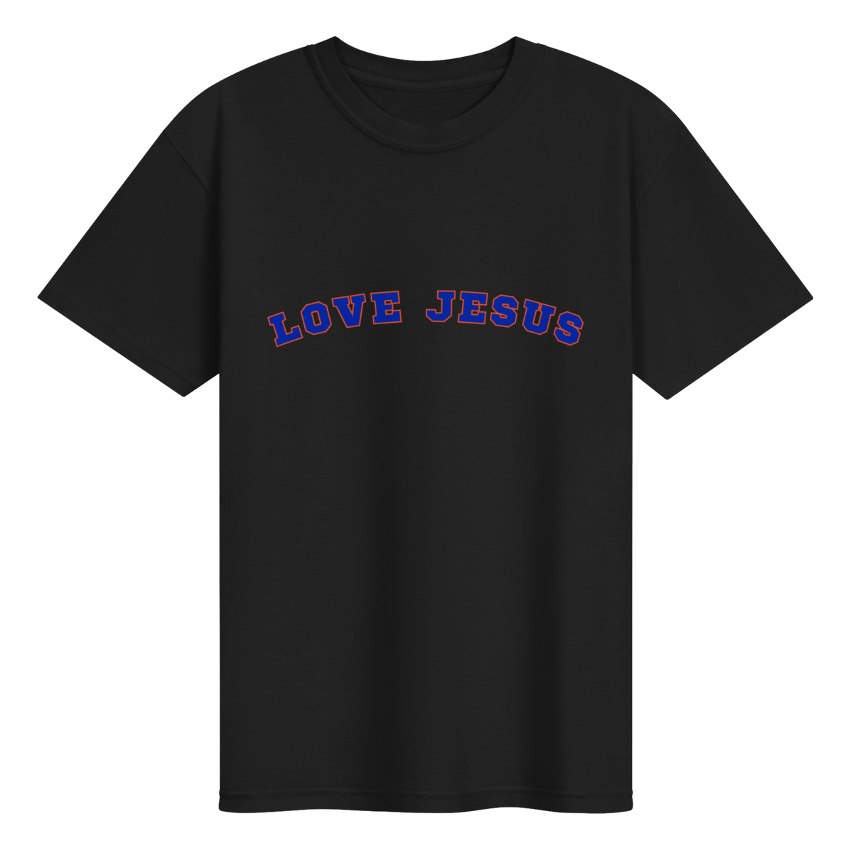 Black Love Jesus Gameday T-Shirt with blue lettering and orange outline