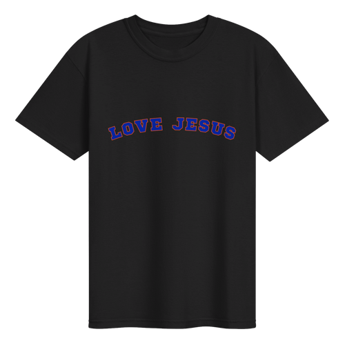 Black Love Jesus Gameday T-Shirt with blue lettering and orange outline
