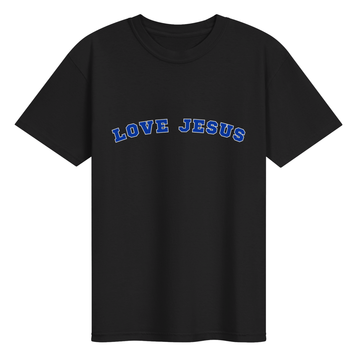 Black Love Jesus Gameday T-Shirt with blue lettering and white outline
