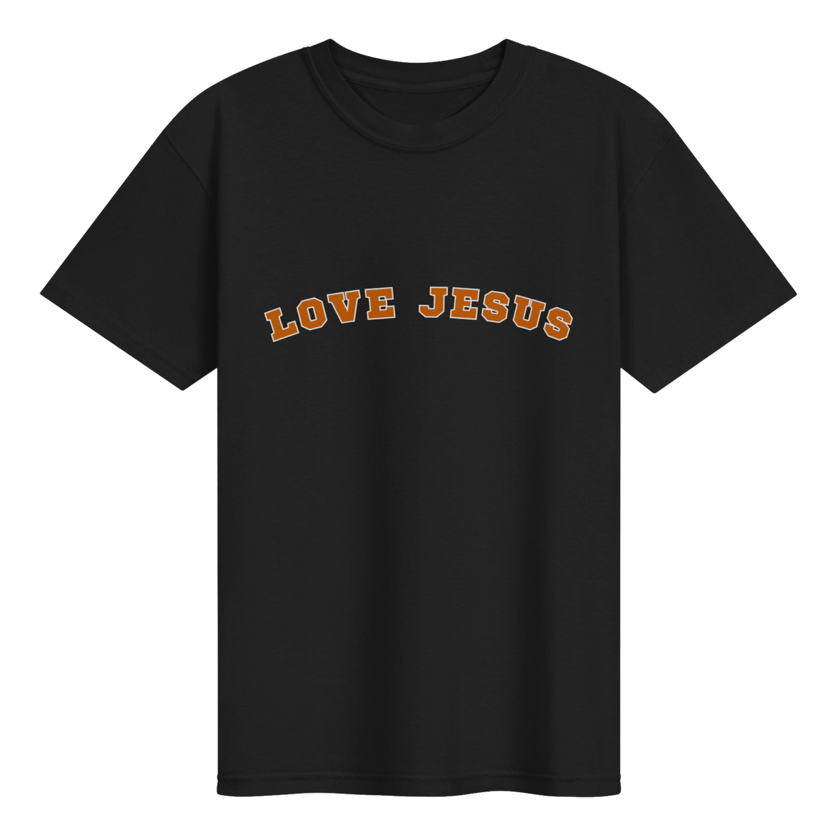 Black Love Jesus Gameday T-Shirt with burnt orange lettering and white outline
