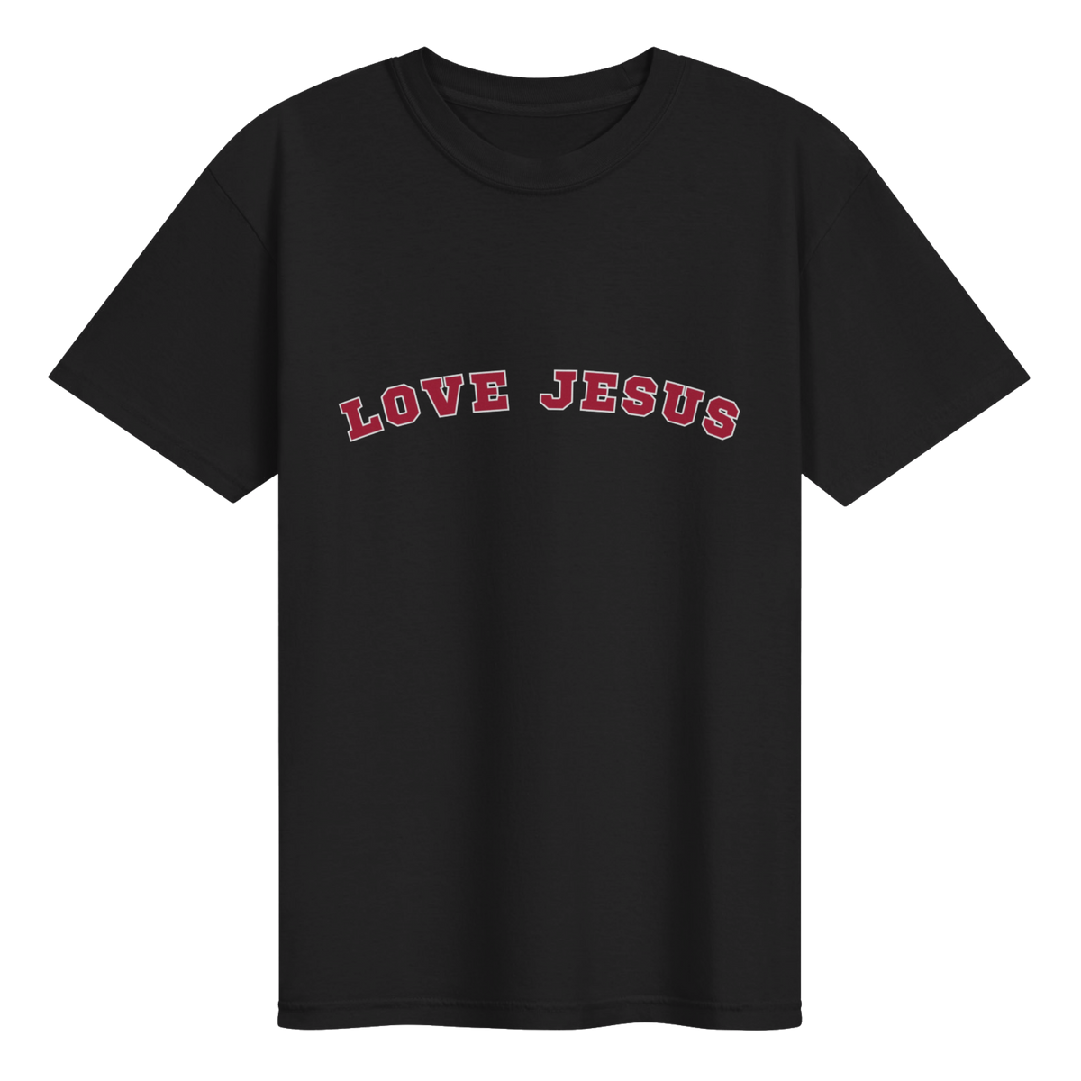 Black Love Jesus Gameday T-Shirt with crimson lettering and white outline