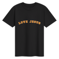 Black Love Jesus Gameday T-Shirt with orange lettering and white outline