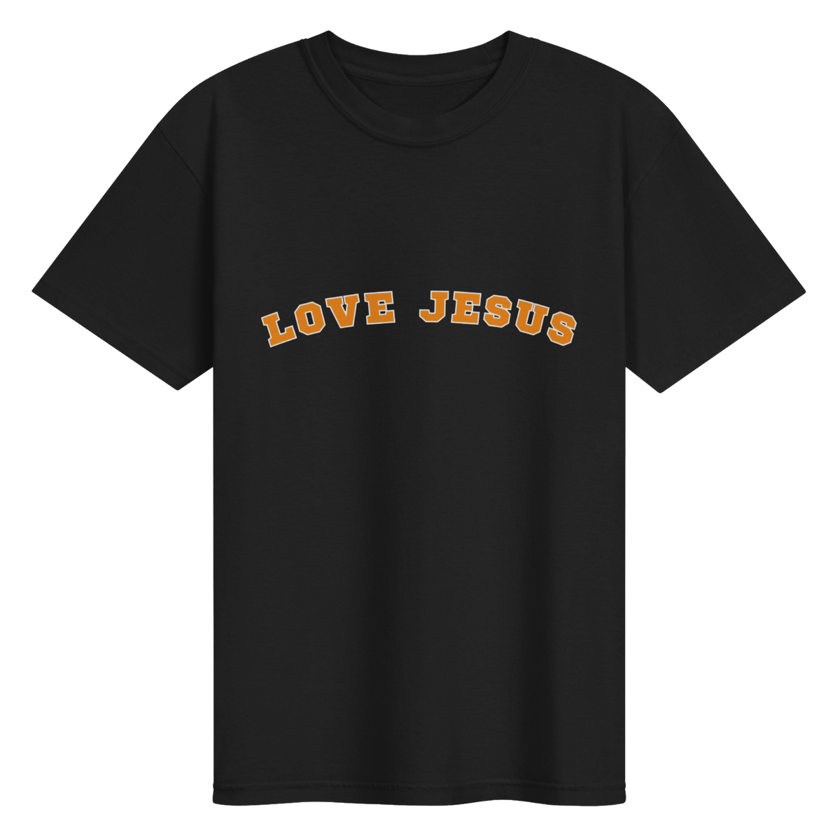 Black Love Jesus Gameday T-Shirt with orange lettering and white outline