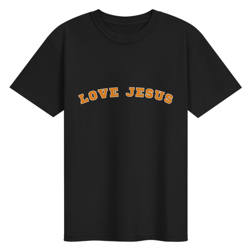 Black Love Jesus Gameday T-Shirt with orange lettering and white outline