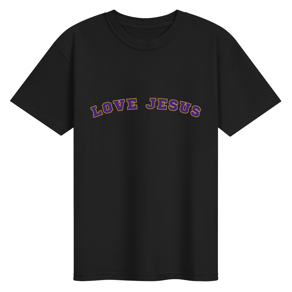 Black Love Jesus Gameday T-Shirt with purple lettering and gold outline