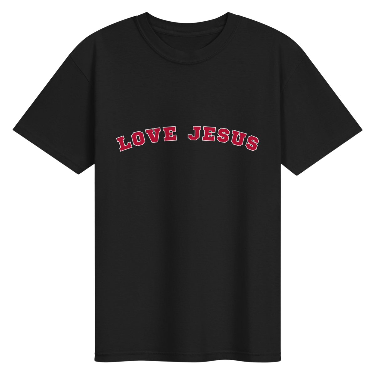 Black Love Jesus Gameday T-Shirt with red lettering and white outline